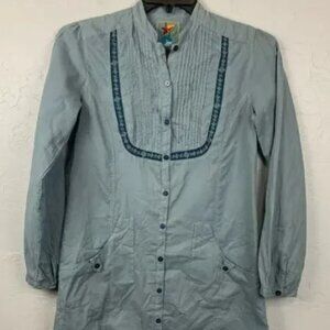 Johnny Was Shirt Dress Blue Painter Smock Embroidered Pockets Pintuck Size Small